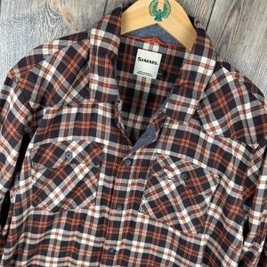 Simms Plaid Flannel Shirt Mens XL Organic Cotton Western Yoke Brown Orange
